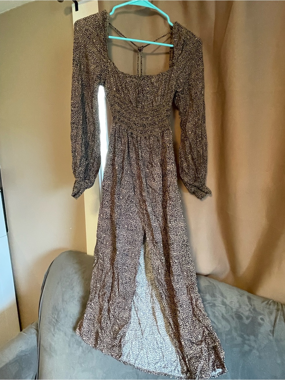 AFRM Leopard Print Ruched Maxi Dress Long Sleeve XS Petite